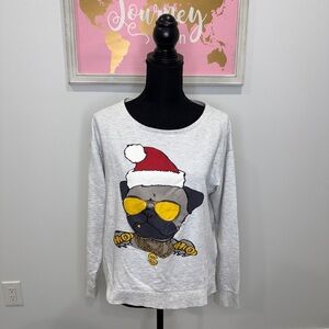 Divided Silver Pug Print Christmas Sweater (M)